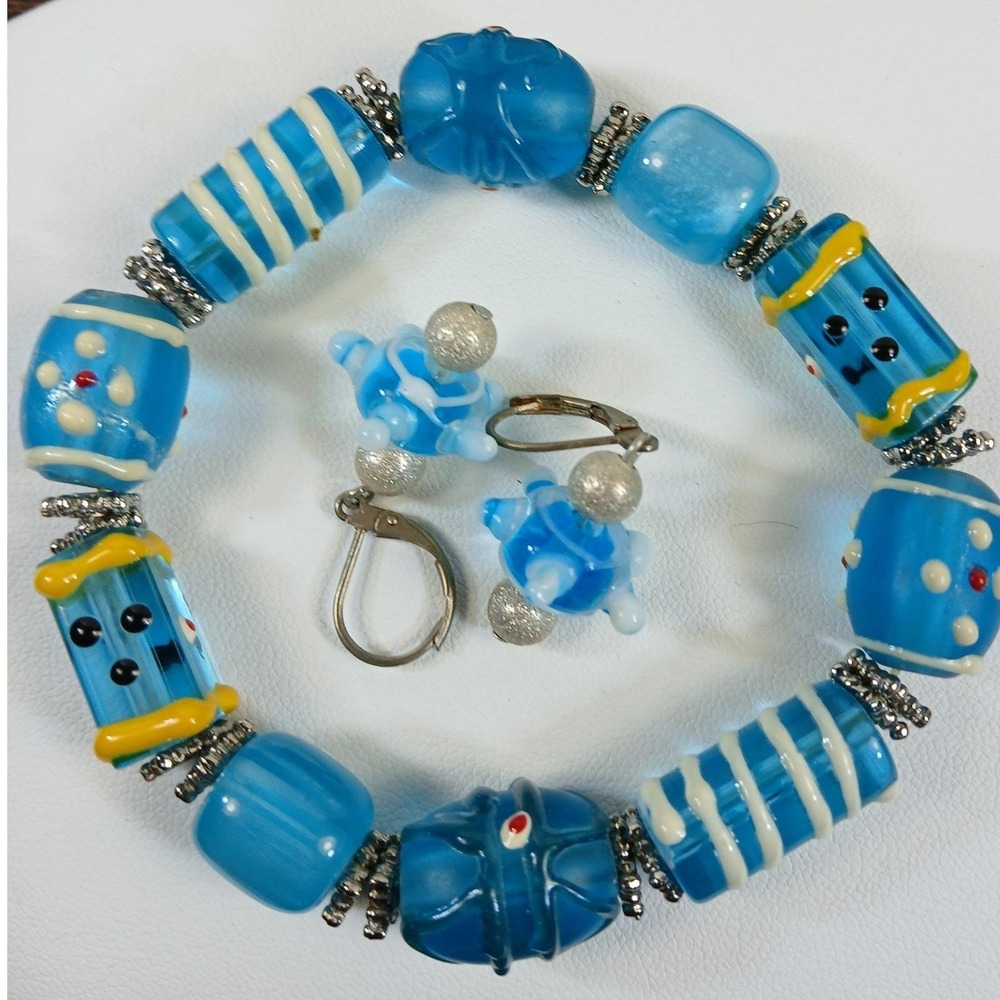 Artisan Handmade Blue Lampwork Glass Bead Stretch Bracelet and Earring Set - Picture 13 of 14